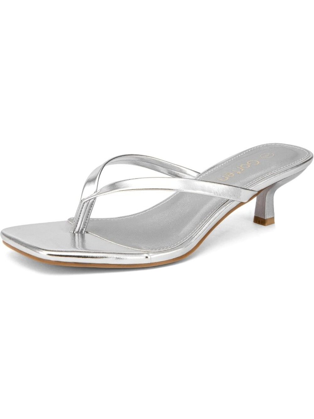Women Silver Solid Open Square-Toe Slip-On Thong Flip-Flop Kitten Heeled Sandal